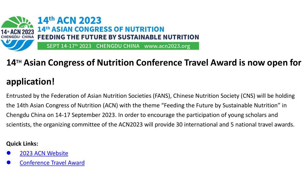 14TH Asian Congress of Nutrition Conference Travel Award is now open for application!